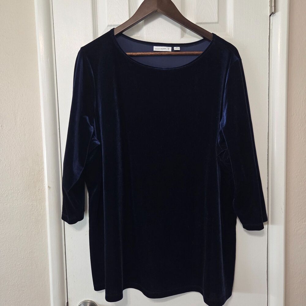 Susan Graver Velvet Tunic Top 2X Navy Blue Long Sleeve Plus Size Holiday